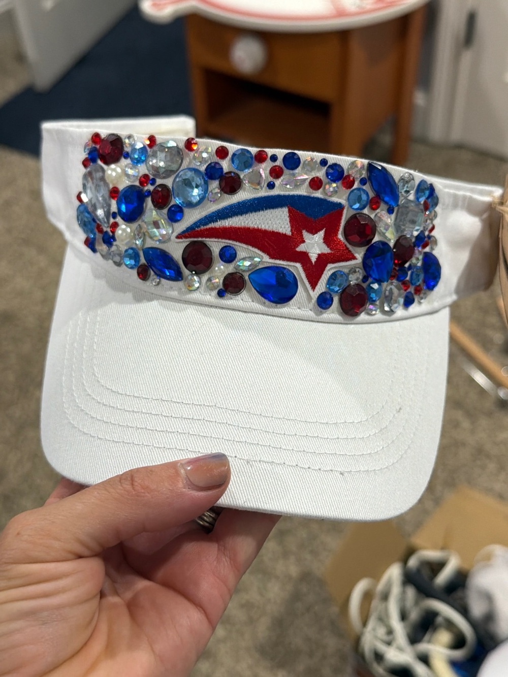 White Jeweled Visor with Red, Blue & Clear Gem Accents